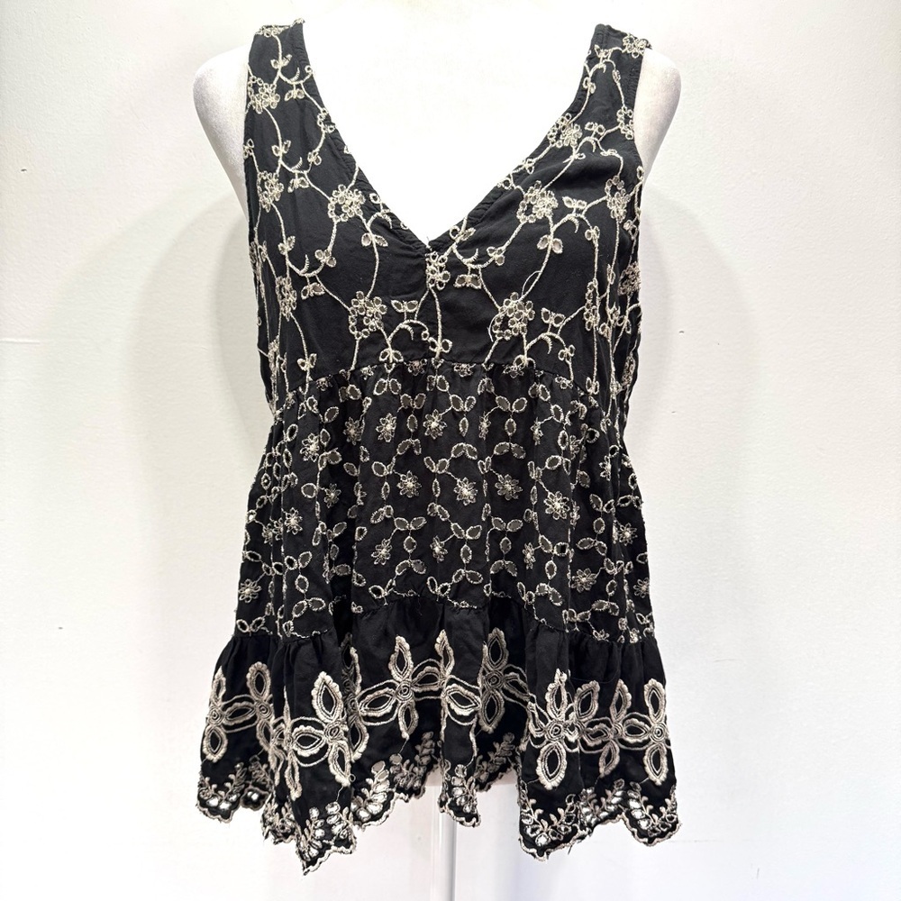 American Eagle Outfitters Babydoll Tank Top AEO Black Beige Eyelet Y2K Vibe Boho